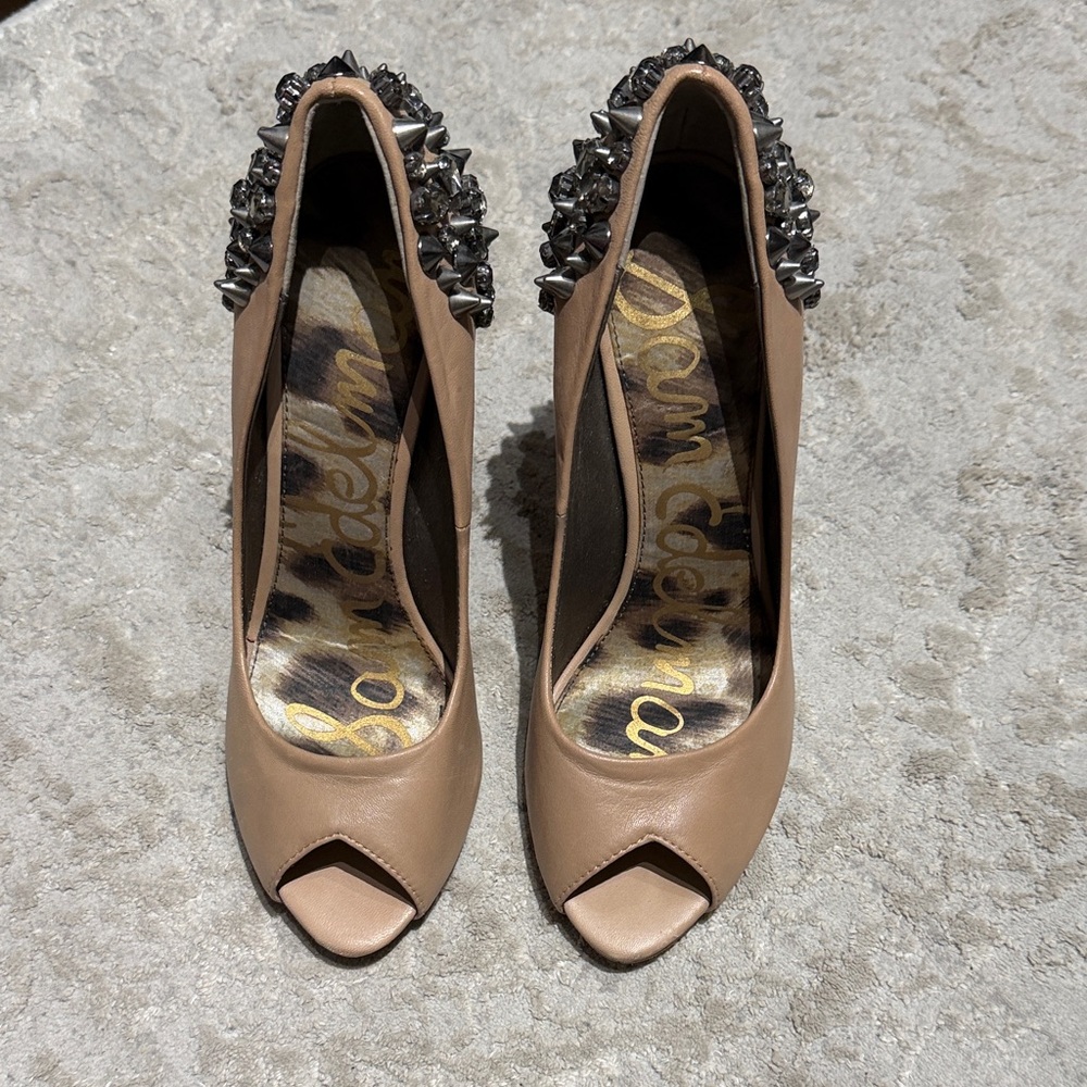 Sam Edelman Tan Peep-Toe Heels with Embellished metal studs